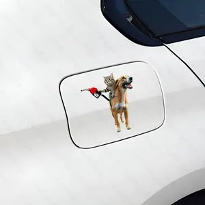 1PC Eye-Catching Fun Goofy Cat-Riding-Dog Refueling Car Sticker For Car Fuel Cap, Backpacks, Notebooks Cat-Riding-Dog + Fuel Nozzle Decor Fills With Relaxed Goofy Cool Vibe Easily Grasp Pet Goofy Trend Style