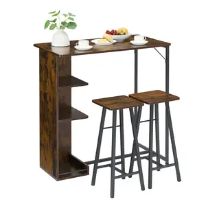 GARVEE Bar Table Set with Stools, Standing Dining Table with 2 Bar Chairs, High Kitchen Table with 3 Shelves, Small Kitchen Table for Apartment, Living Room, Kitchen, 91.5 x 50 x 91.5 cm, Retro
