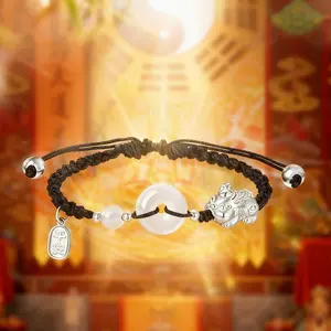 Peaceful Safety Bracelet with Taoist Pi Xiu Pendant for Wealth & Protection Pink Woven Rope for Emotional Harmony