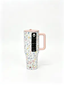 HydroJug 40oz Wildflower Tumbler with Handle, Leak-Proof Stainless Steel Insulated Travel Cup, Keeps Drinks Cold 24H, Includes Drinking Utensils day gift