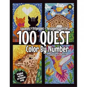 100 QUEST Color By Number: Squares + Triangles + Hexagons + Circles (BLACK backgrounds): color quest activity book for adults