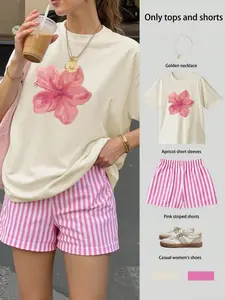 'SummerVibe' Cotton Blend Hibiscus Graphic T-Shirt & Pink Striped Casual Shorts Set | Y2K Aesthetic, Oversized Fit, Breathable Fabric | Perfect for Beach Days, Streetwear, Summer Vacation, Coastal Grandma Style, TikTok Outfit