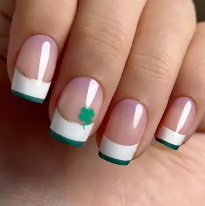 Curvlife medium squoval french Nail Art Press On Nails french nude glossy shiny for saint patricks day 2 Week Wear