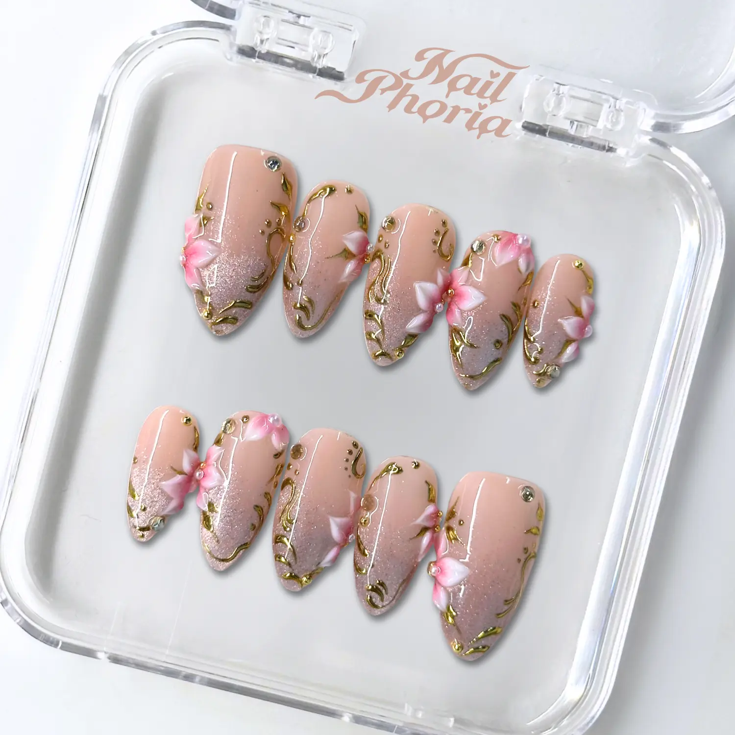 NailPhoria GILDED CHAMPAGNE -SUMMER Handmade Press-On Nails | Reusable, Salon-Quality, Long-Lasting, Glossy Design