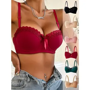 6pcs Elegant And Chic Push-up Bras, Sexy Floral Lace Contrast Brassiere, High Support Underwire Bras, Comfortable Fit, Non-removable Pads, Breathable Fabrics, Women'S Balconette Bras Womenswear Basic Minimalist Mixed Color