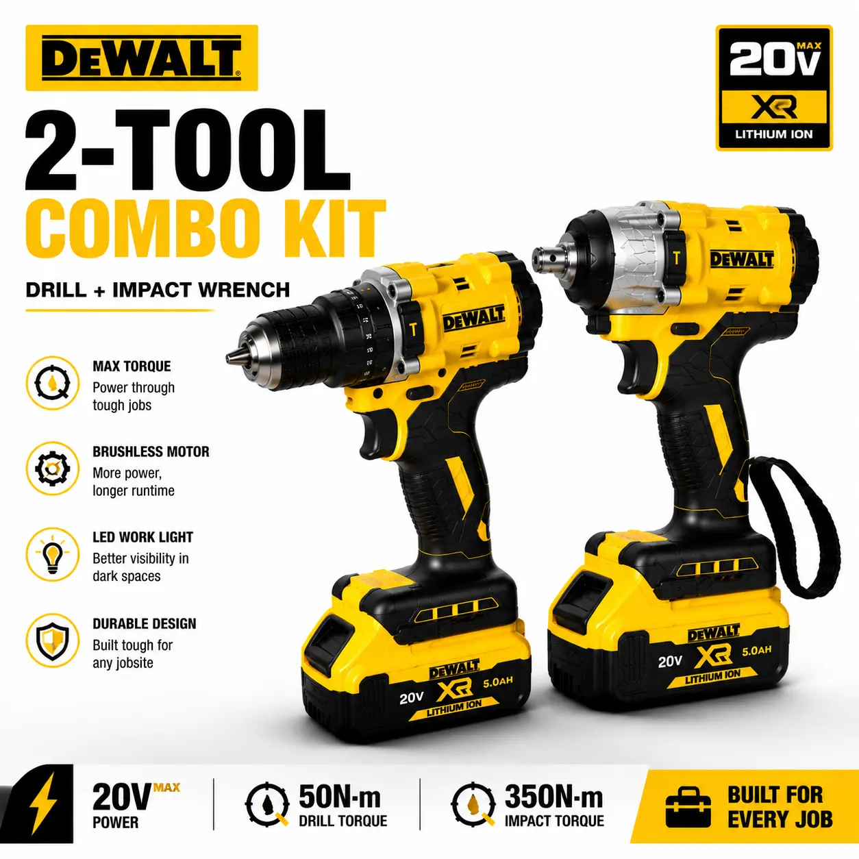 ()DEWALT Yellow Drill & Wrench Combo Kit, Cordless Drilling & Fastening Tool Set, Durable Metal Gear + High Strength Plastic Housing, High Torque Lightweight Design,Power Tool Combo Kit DIY Home Improvement Garage Workshop Essentials,Home Repair Projects