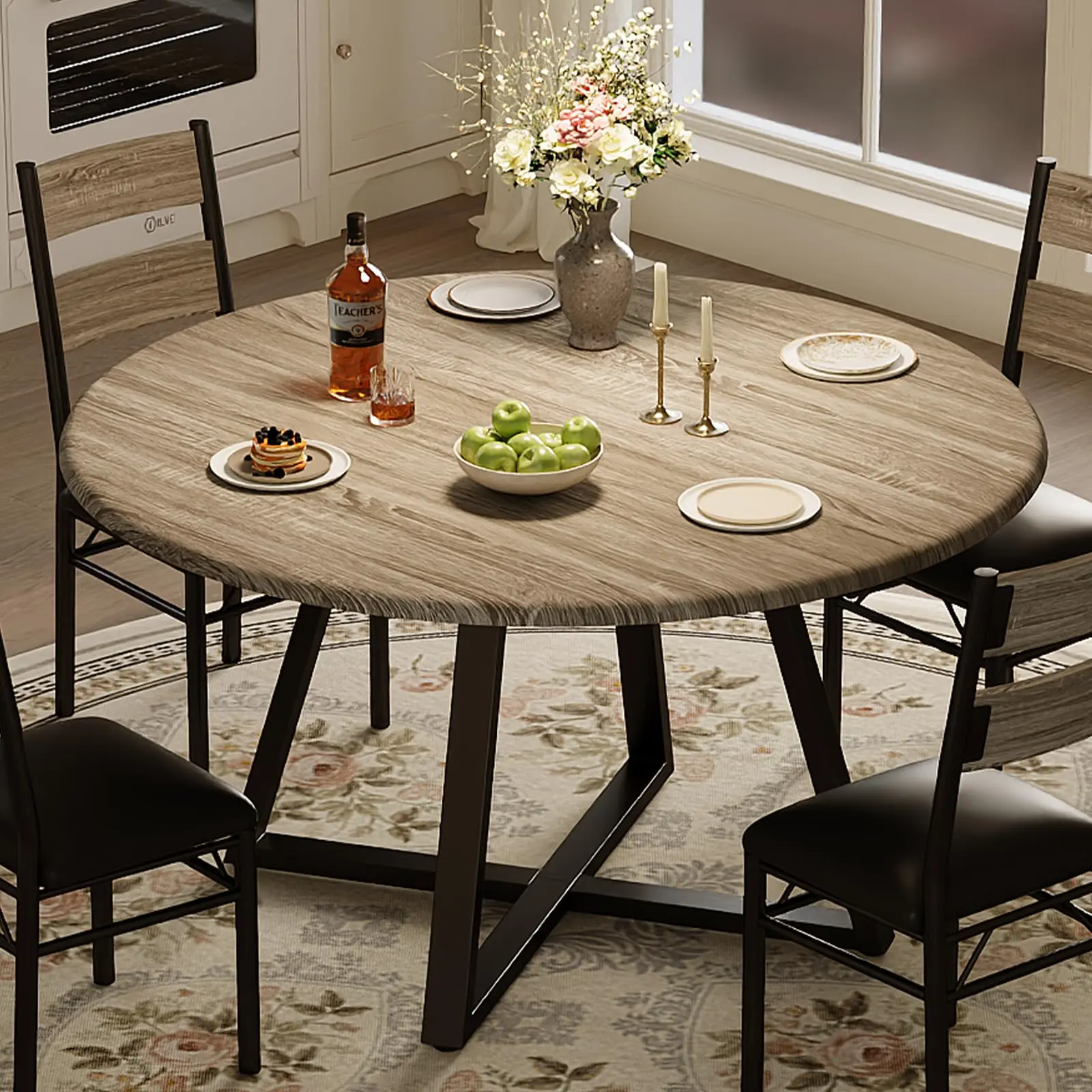 Garvee Round Dining Table Set for 4, 5-Piece Circle Wooden Kitchen Dinner Table & Chairs Set with 4 Upholstered Chairs, Sturdy Thick Frame, Ideal for Kitchen, Apartment, Small Space, Retro Gray Finish
