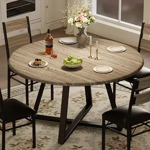 Garvee Round Dining Table Set for 4, 5-Piece Circle Wooden Kitchen Dinner Table & Chairs Set with 4 Upholstered Chairs, Sturdy Thick Frame, Ideal for Kitchen, Apartment, Small Space, Retro Gray Finish
