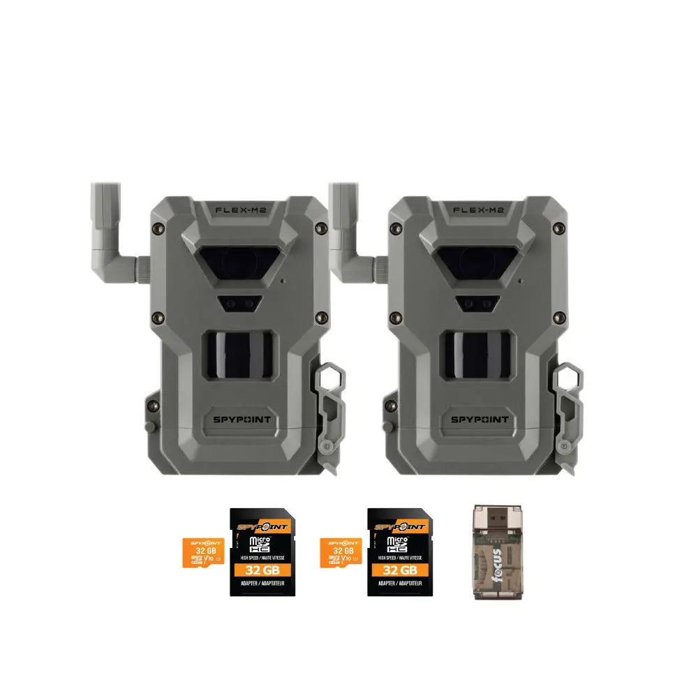 Spypoint FLEX-M2 Trail Hunting Camera (2-Pack) Bundle with 32mp Photos Capability, Dual Sim, Plastic Shell, Memory Card, and Card Reader, Unisex, Compact, Outdoor Sports