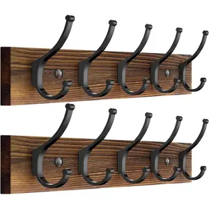 2 Pack Wooden Coat Rack Wall Mount, 16.1" Rustic Coat Hanger Hooks with 10 Double Hooks, Wall Coat Rack for Hat, Clothes, Bags, Jacket, Brown