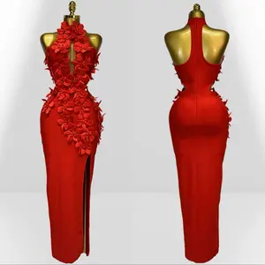 Timeless Bloom Halter Maxi Dress with 3D Floral Appliqué Elegant Fitted Feminine Soft Halter Neckline Front Slit for Special Occasions Evening Style Smooth Fabric Formal Women's Wear - Womenswear, Piece