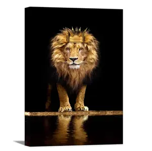 Tribute to Art Lion Canvas Print Wall Art with Crown Noble and Confident Black Golden Animal for Living Room Office Decor Home Decoration Framed Ready Hang Bedroom Men Lion King