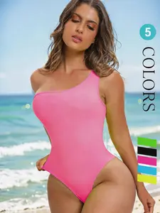 Women's Solid Color One-Piece Swimsuit No Chest Pad Wrinkle-Free Lightweight Comfortable Fixed Single Strap Minimalist High Waist Design Tummy Control Slimming 5 Colors Black Pink Sky Blue Green Yello