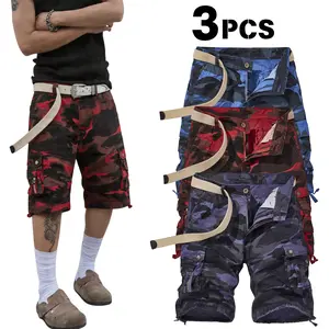 Menswear 3-Pack Multi-Color Camouflage Cargo Pants, Mid Waist, Stylish, Built-In Belt, Cargo Pockets, Multi-Size, Drawstring Cuffs, Loose Fit, Durable Comfortable Shape-Retaining Fabric, Ideal for Outdoor Activities, Streetwear