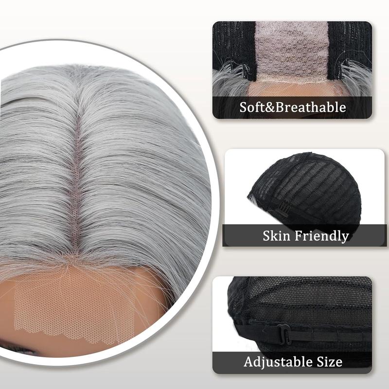 Grey Wig Long Silver Wavy Wigs for Women Middle Part Gray 26 inch Natural Curly Synthetic Wig Heat Resistant Fiber Wigs for Daily Party Use