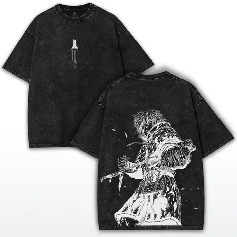 Men's Oversized Distressed Cotton Graphic Tee - Chic Washed Korean Preppy Streetwear, Anime Warrior Back Print, Drop Shoulder, Round Neck, Short Sleeve, Party Casual Top, Vintage Anime Merchandise