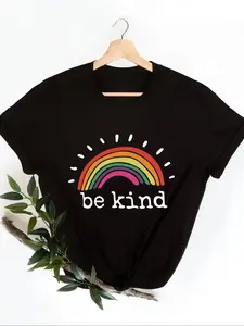 Plus Size Rainbow & "be kind" Slogan Print Tee, Casual Round Neck Short Sleeve T-shirt for Summer, Women's Plus Clothing for Daily Wear