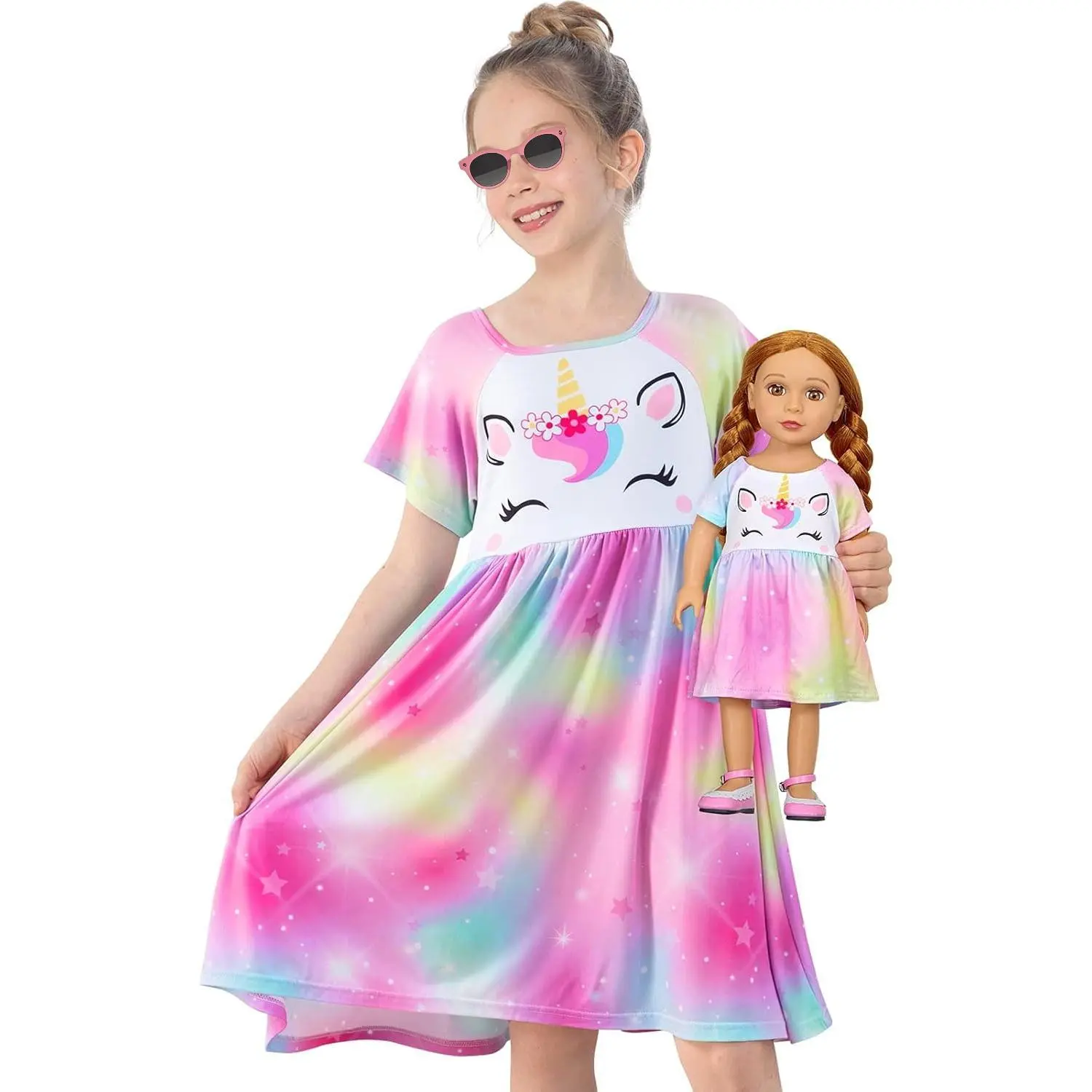 Girls' Unicorn Nightgown and Doll Matching Set, Soft Stretch Sleepwear with 16% Spandex for Girls 3-9 Years, Fits 18-Inch Dolls, 3D Dye-Sublimation Technology, 4 Sizes Optional, Short Sleeve Tops