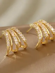 WANGXIY 14K Gold Plated Posts Cubic Zirconia Segment Triple Hoop Earrings for Women - Statement Triple Hoop Stud Earrings Studs Earrings