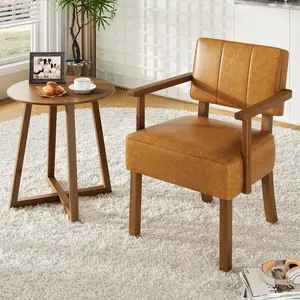 YJ-Garvee Mid-Century Accent Chair with Wood Frame. PU Leather Upholstered Lounge Arm Chair with Classic Button Tufting Reading Leisure Chair for Living Room, Bedroom, Balcony, Brown