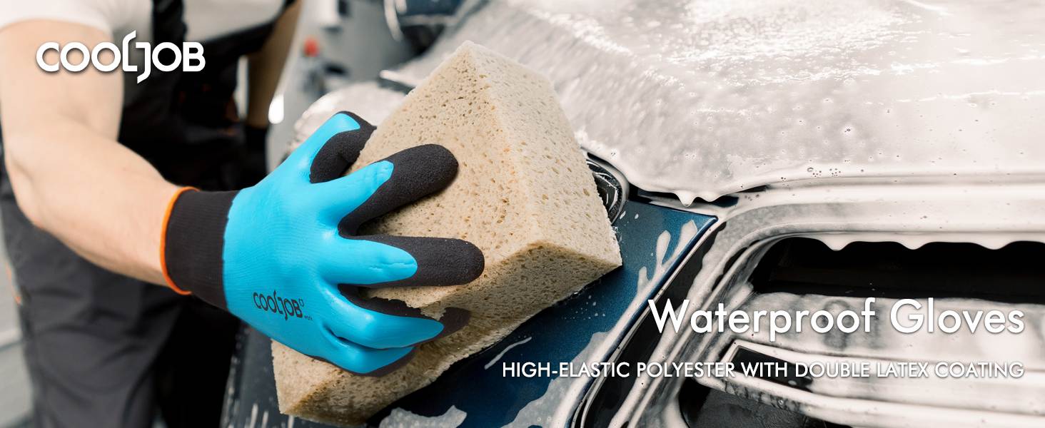 COOLJOB 2/6 Pairs Waterproof Gardening Work Gloves with grip, Double Rubber Coated (Blue)