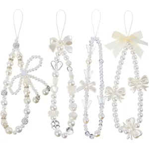4 PCS Phone Charms, Pearl Phone Charm Wrist Strap, Cute Beaded Cellphone Case Charm Wrist Lanyard Bracelet for Women Camera Keychain Wallet Decor