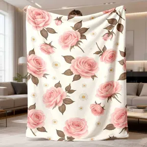 2026 New Flannel Blanket, Extra Large, Ultra-Soft With Pink Roses And White Flowers, All-Season Luxury Bedding, Couch Throw, Camping Blanket, Elegant Floral Design For Queen And King Size Beds