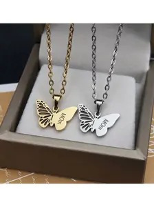 New Stainless Steel Engraved Butterfly Mom Fashion Pendant Necklace, Ladies' Lockbone Chain Jewelry, Mother's Day Gift