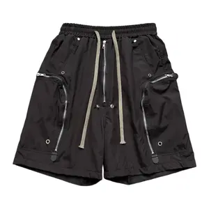 Men’s American high-street cargo shorts with heavy detailing, multiple zippers, color-block design, elastic waistband, front mid-zip closure, 3D large zipper pockets—mid-length streetwear shorts, versatile casual shorts for summer #SummerWins