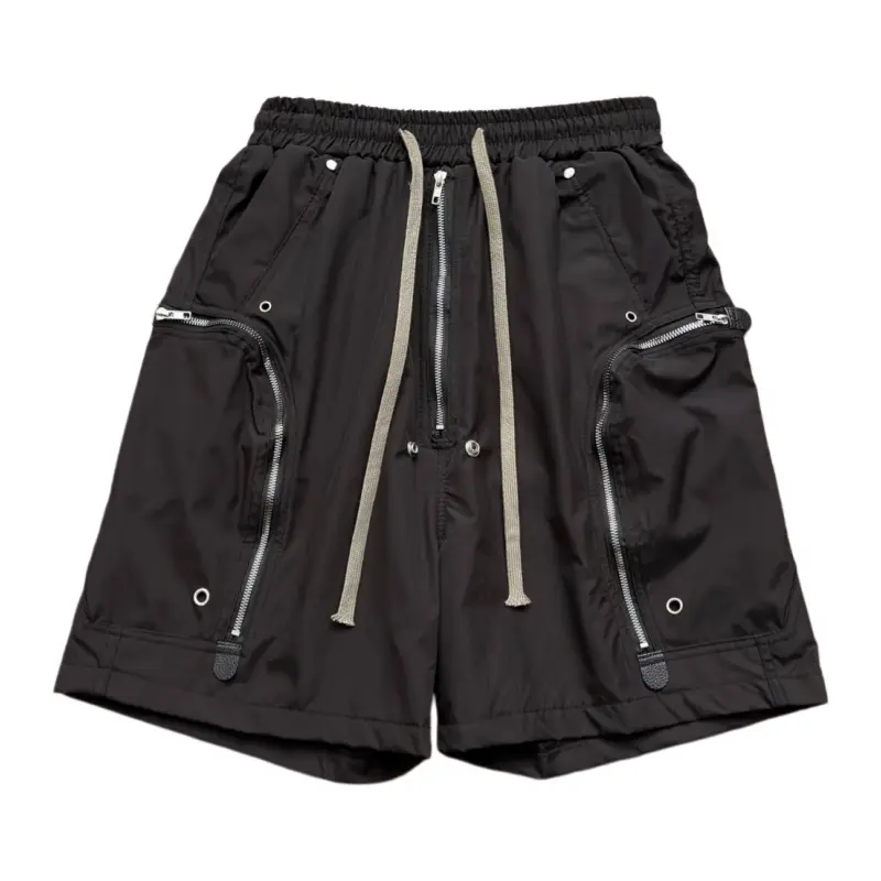Men’s American high-street cargo shorts with heavy detailing, multiple zippers, color-block design, elastic waistband, front mid-zip closure, 3D large zipper pockets—mid-length streetwear shorts, versatile casual shorts for summer #SummerWins