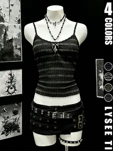 Ladies' camisole gothic Casual style imitation cashmere black gray striped Slim-Fitted knit top, with a close knit material that looks slim and creates a niche gothic atmosphere.