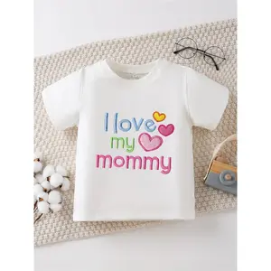 I Love My Mommy Colorful Embroidered Stitch Design T-Shirt - Casual Crew Neck Cotton Kids Clothes, Multi-Color Heart Motif Print Super Soft Breathable Tee - Perfect Mother's Day Easter St Patrick's Day Valentine's Day Birthday Gift for (3-13Y)