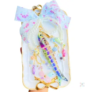 Fancy Fish Bag Charm / Segmented & Realistic Fish Handmade Floral Coquette Bow Charm / Floral Cotton Bow Fancy Acrylic Fish Bag Charm / Charm Fashion Accessory / Cute Bag Charm