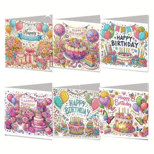 6pcs DIY Diamond Painting Birthday Greeting Cards with Envelopes, Balloon Cake Theme, Handmade Beaded Art, Unique Creative Design Gift, DIY Card Set