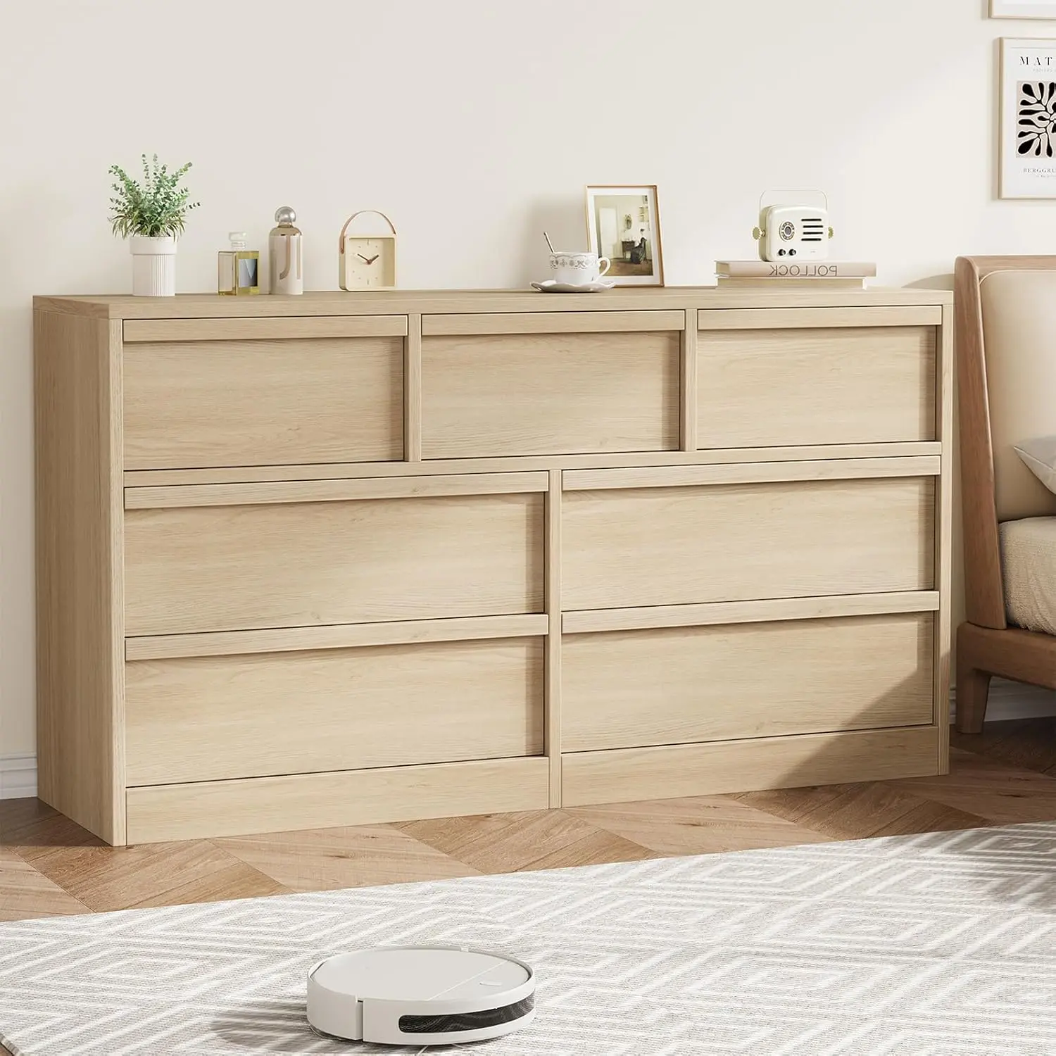 7-Drawer Antique White 54in Wide Wooden Dresser Storage Cabinet - Spacious Wood Drawers for Organization, Ideal for Bedroom Sideboard Cabinet, Drawers Organization