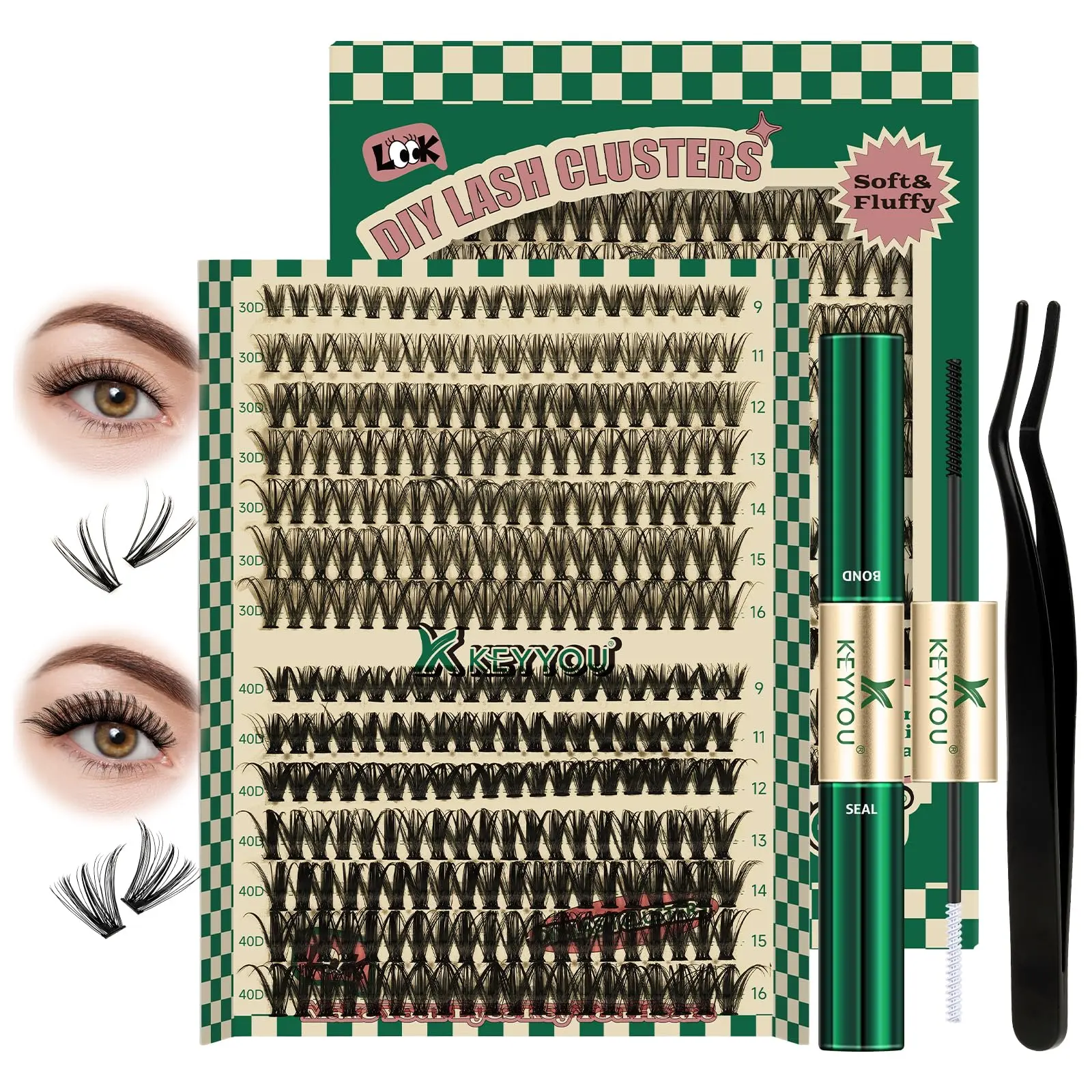 30D+40D 9-16Mix Lash Clusters with Lash Bond and Seal and Lash Applicator for DIY at Home(KIT-30D40D-0.07D-9-16Mix)