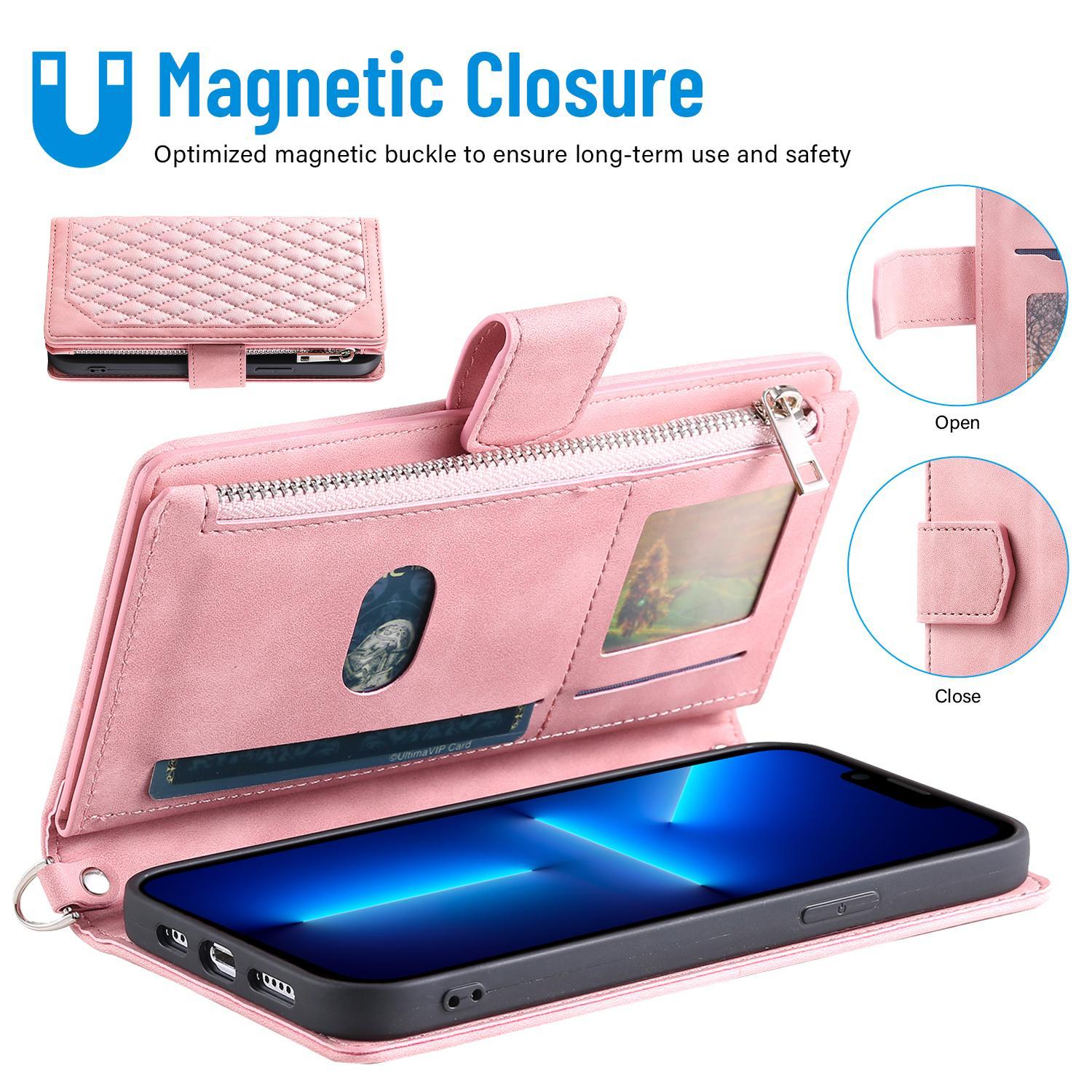 Wallet Case For iPhone 17 16 15 14 13 12 11 Pro Max, PU Leather Phone Case with Card Holder Kickstand & Wrist Strap Cover Magnetic Closure Flip Handbag Zipper Purse Shell for Women Girls