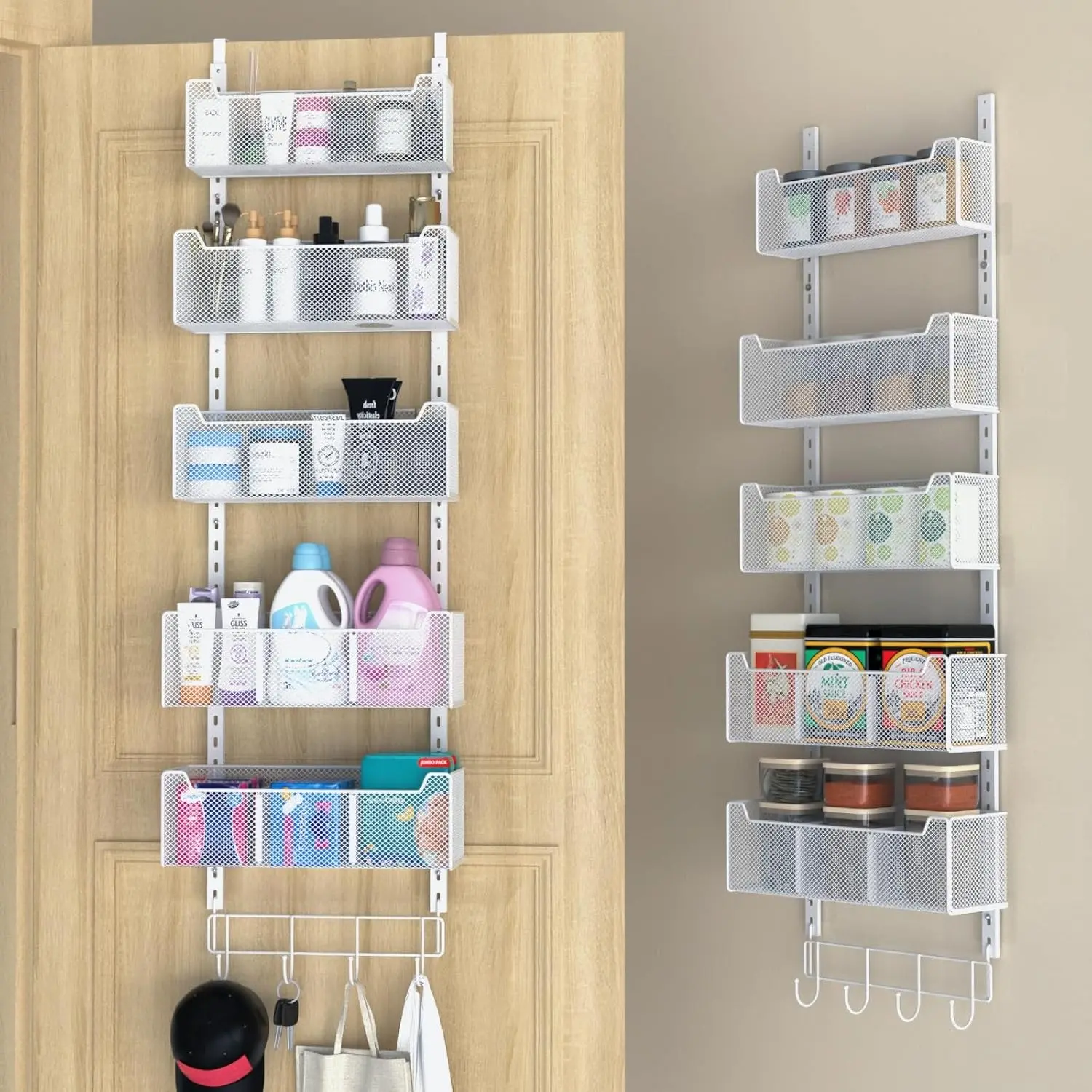 Over The Door Organizer, Metal Door Organizer Hanging with 5 Adjustable Baskets and Coat Hook, Behind The Door Storage for Bedroom Closet Bathroom Pantry Cabinet Kitchen, White, Black