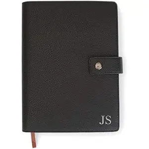 Full Grain  Leather Refillable Journal Cover with A5 Lined Notebook, Pen Loop, Card Slots, Brass Snap (Monogrammed Black)