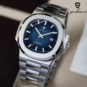 GOHUOS New square luxury fashion men's waterproof quartz watch, with luminous date and day display, stainless steel men's watch Square dial wristwatch