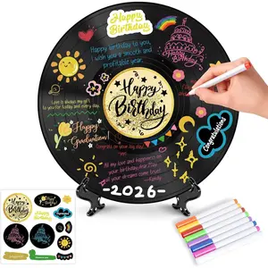 Vinyl Record Birthday Decorations for Her - 12.1"x12.1" Happy Birthday Gifts, Birthday Party Favors with 8 Color Pens and Stickers, Birthday Poster Sign for Party, Birthday Guest Book for Men Women