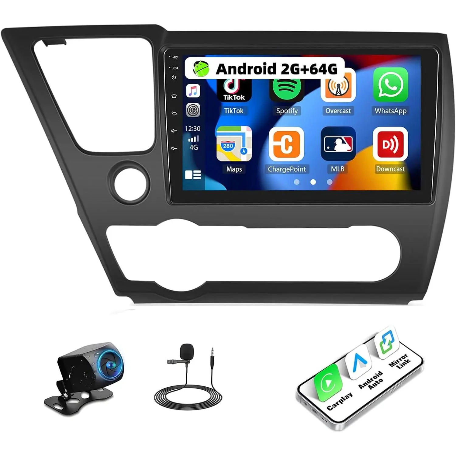 RIMOODY 2G+64G Android Car Media Player for Honda Civic 2013-2017, 9-in Touchscreen, Wireless CarPlay, Android Auto, Bluetooth, Mirror Link, GPS Navigation, FM/RDS, WiFi, SWC, Rear View Camera Input, High Definition, 1-Split Screen, Father's Day Gift
