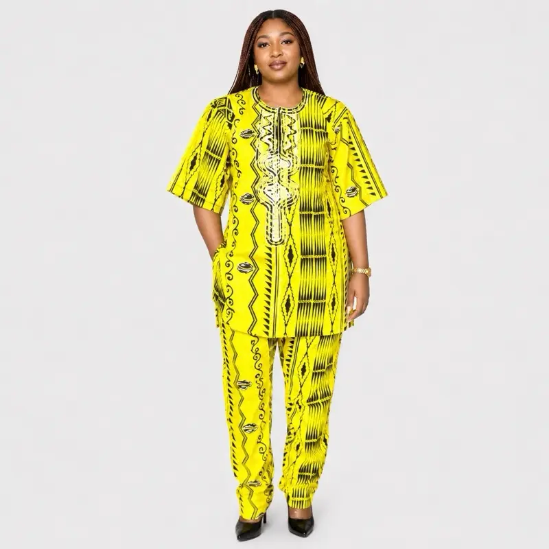 Women's Medium Grade Polyester Ankara African Print 2-Piece Suit Set - Traditional Dashiki Long Sleeve Blouse & Loose-Fitting Pants, Breathable Stylish Lady Clothes for Casual, Formal Occasions