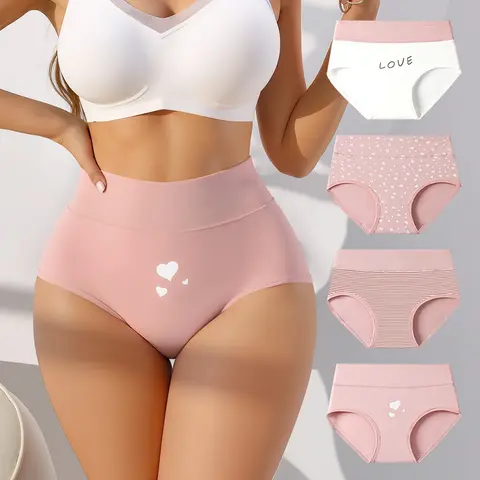 Hotcom Women's High-Waist Cotton Panties - 4-Pack Soft Breathable Love Heart Print Cheeky Briefs, Plus Size Casual Elegant Everyday Underwear for Women, Easter