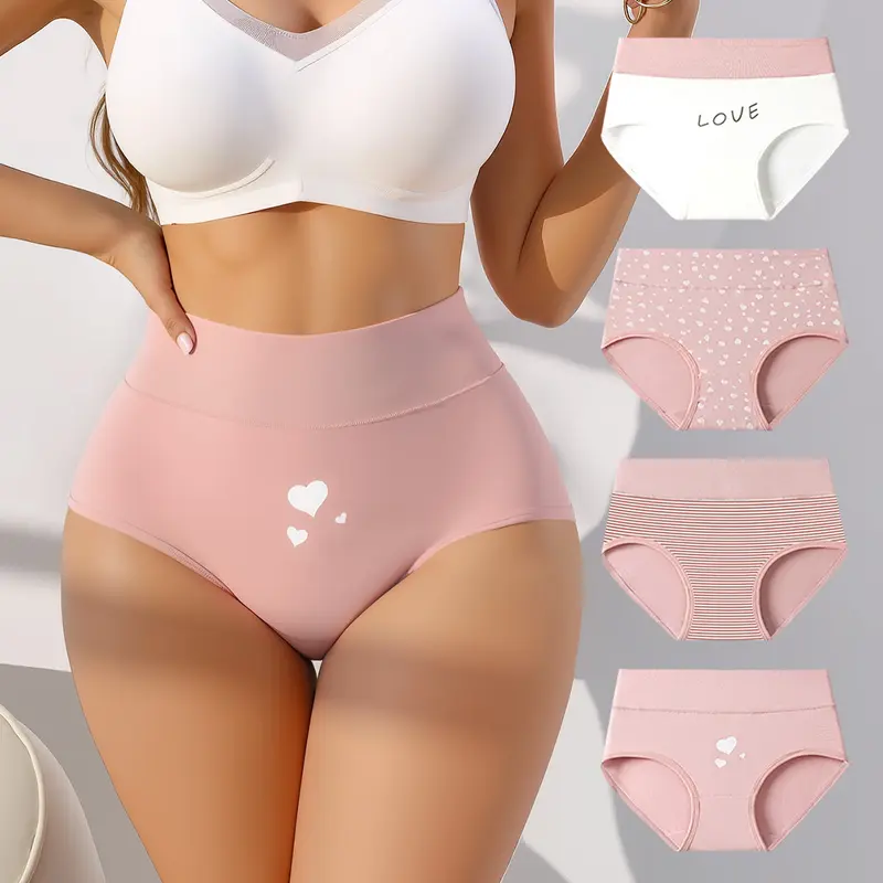 Hotcom Women's High-Waist Cotton Panties - 4-Pack Soft Breathable Love Heart Print Cheeky Briefs, Plus Size Casual Elegant Everyday Underwear for Women, Easter