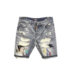 Men's high-hole vintage denim shorts, sleek scratch patch, high street trend branding, outdoor style Menswear  Fashion Jean  Blue Pants athleisure below  the  knee  shorts