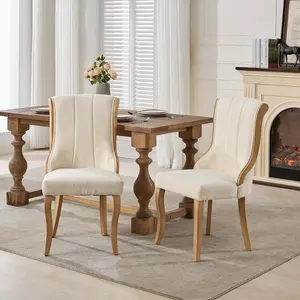 Rustic Dining Chairs Set of 2, Fabric Upholstered Side Chairs for Kitchen Dining Room,Living Room,Accent Dining Table Chair with Rustic Wood Legs and Nailhead Trim (Beige, 2 PC)