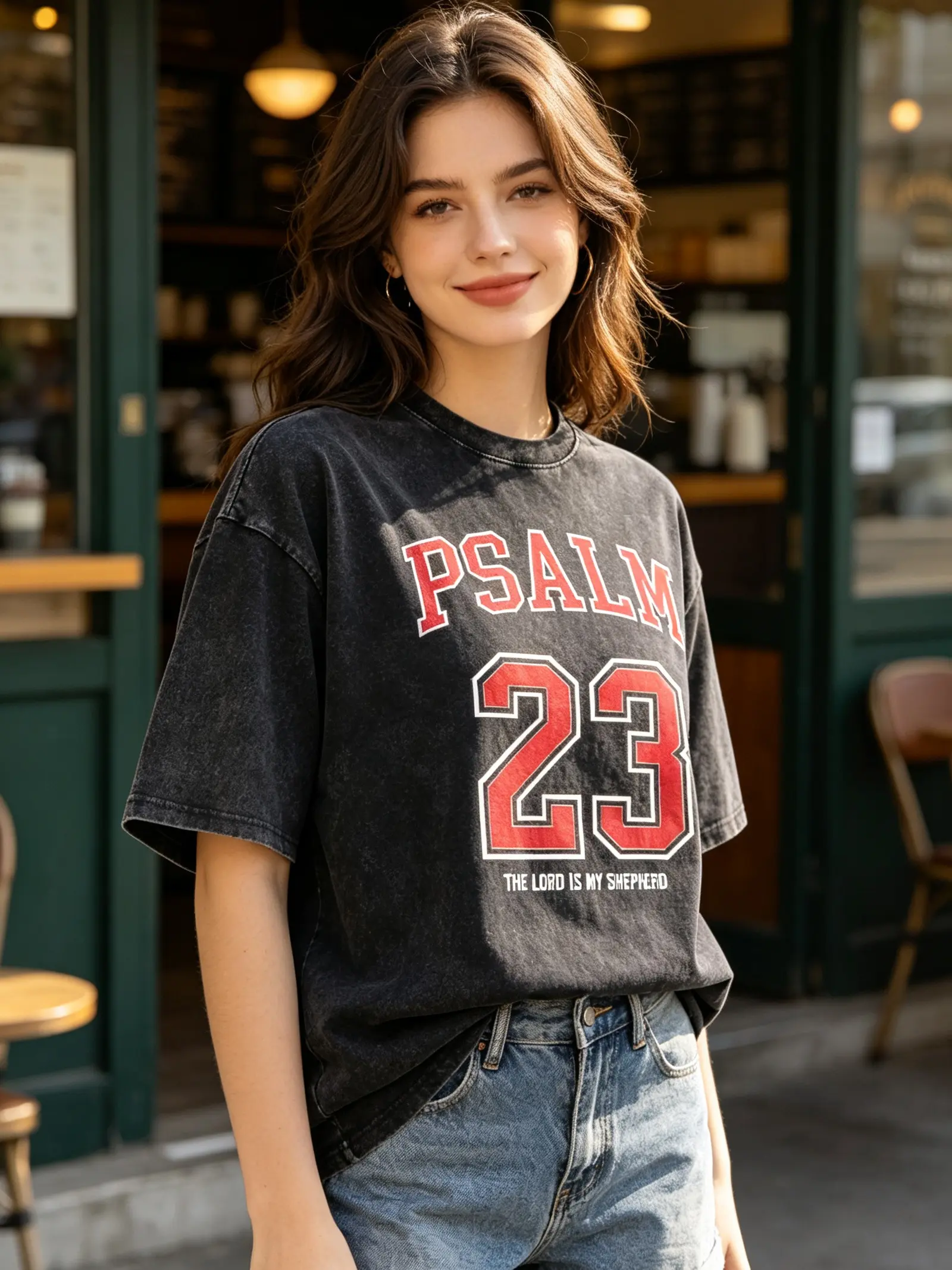 Women's Psalm 23 Vintage Washed 100% Cotton T-Shirt, Oversized Sporty Short-Sleeve Casual Top, Tee, Style, Graphic, Streetwear