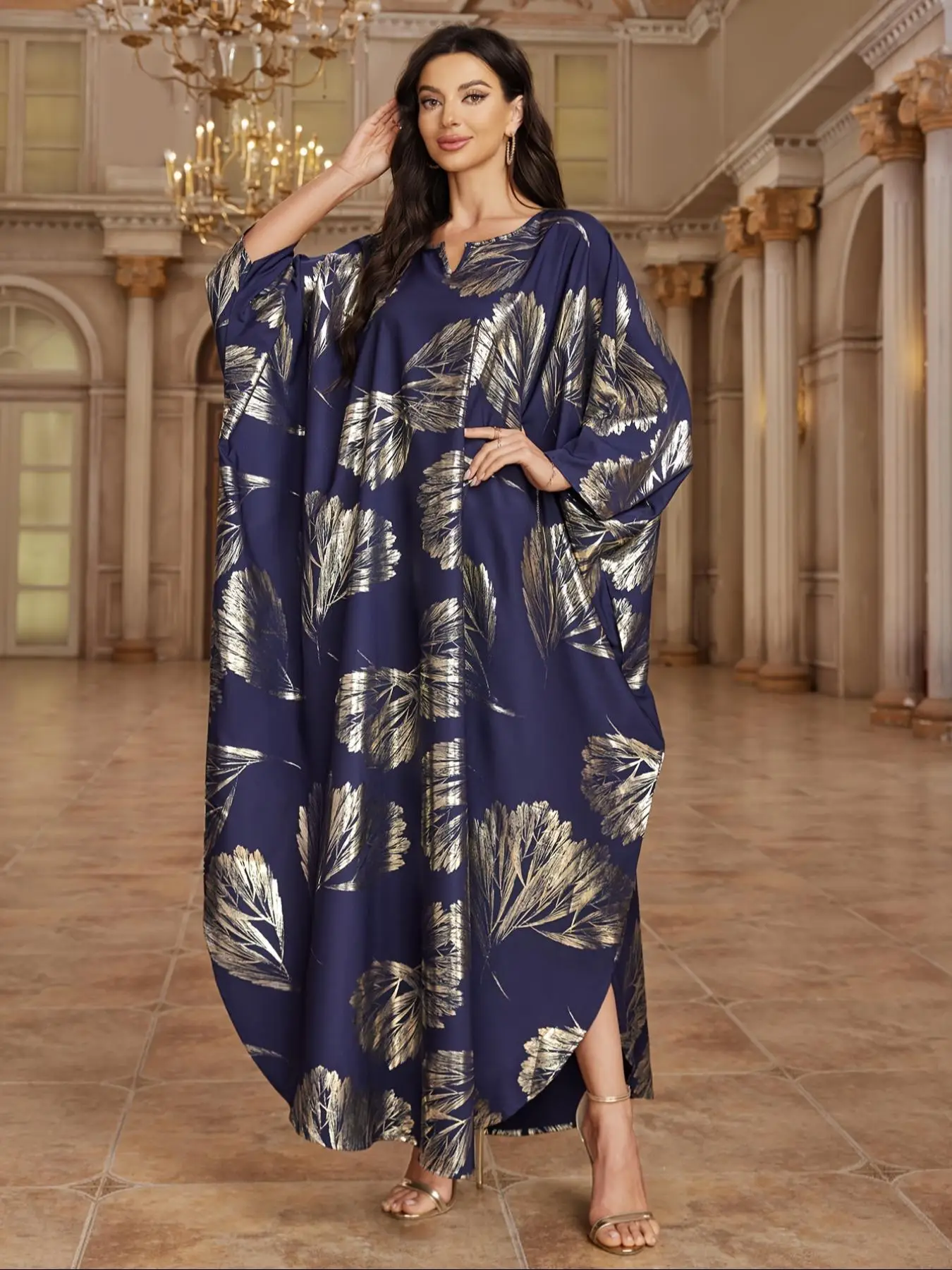 Women's All Over Plants Print Batwing Sleeve Kaftan, Modest Long Sleeve Notched Neck Dress for Party Holiday Vacation, Ladies Clothes for All Seasons