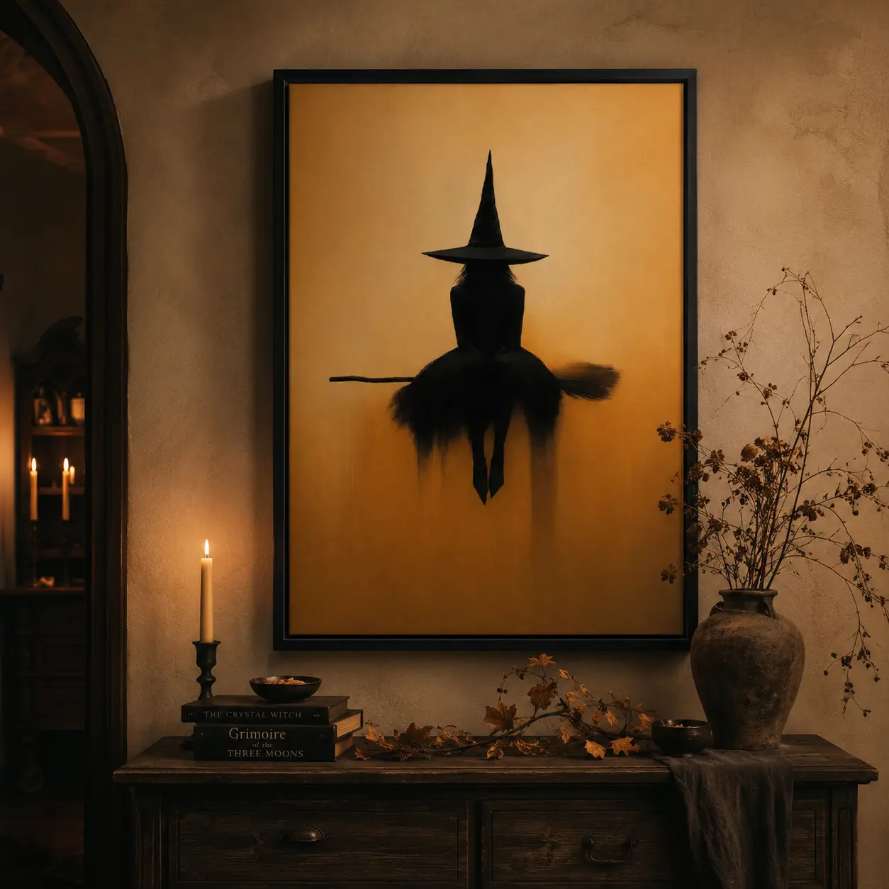 Vintage Halloween Witch Framed Canvas Wall Art - Black Witch Silhouette on Broom, Artistic Minimalist Decoration for Girlfriend, Teenager Bedroom, Living Room Home Decor